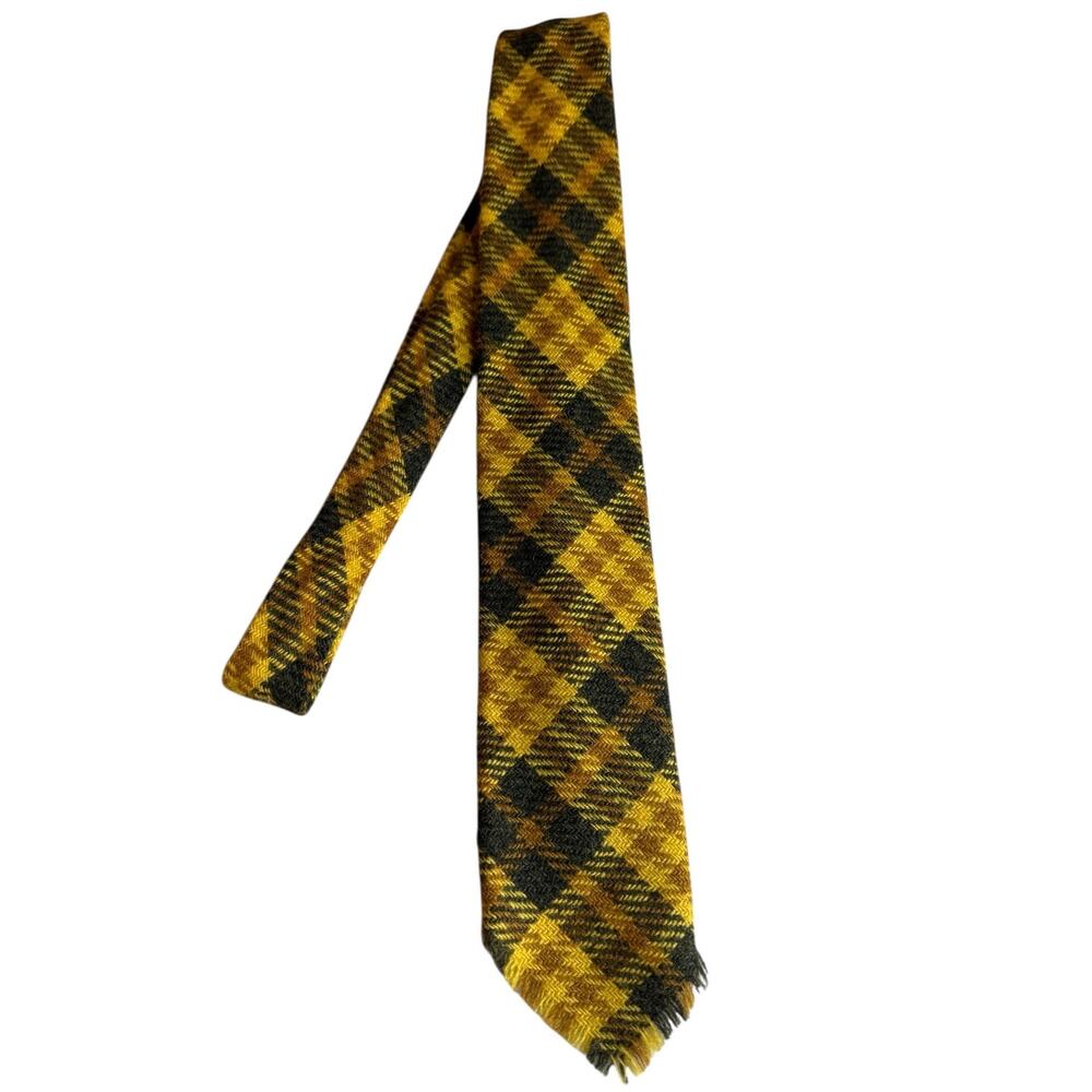 Vintage 70s Grand Prix Fringe Wool Tie Mustard Yellow Plaid Print